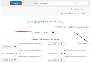 فرم ثبت دامنه جدید در مدیرهاست